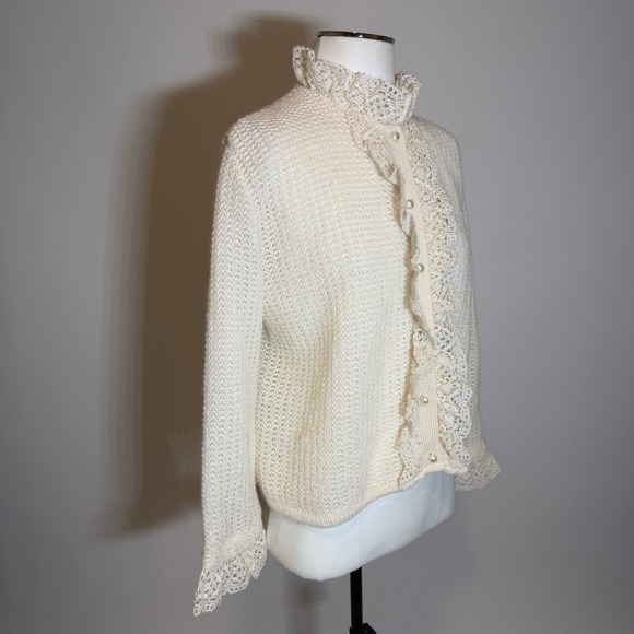 Sidney Gould Vintage 1960s Cream Mohair Knit Lace Ruffle Cardigan Sweater Womens - Picture 2 of 10